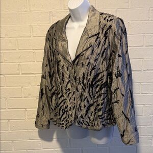 Anage  Silk, Silver & Black Patterned Beaded Jacket Clear Buttons Size L Vintage